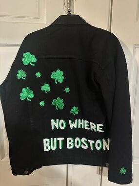 Boston Black jean Jacket with Green Shamrock Celtics - "No Where But Boston"